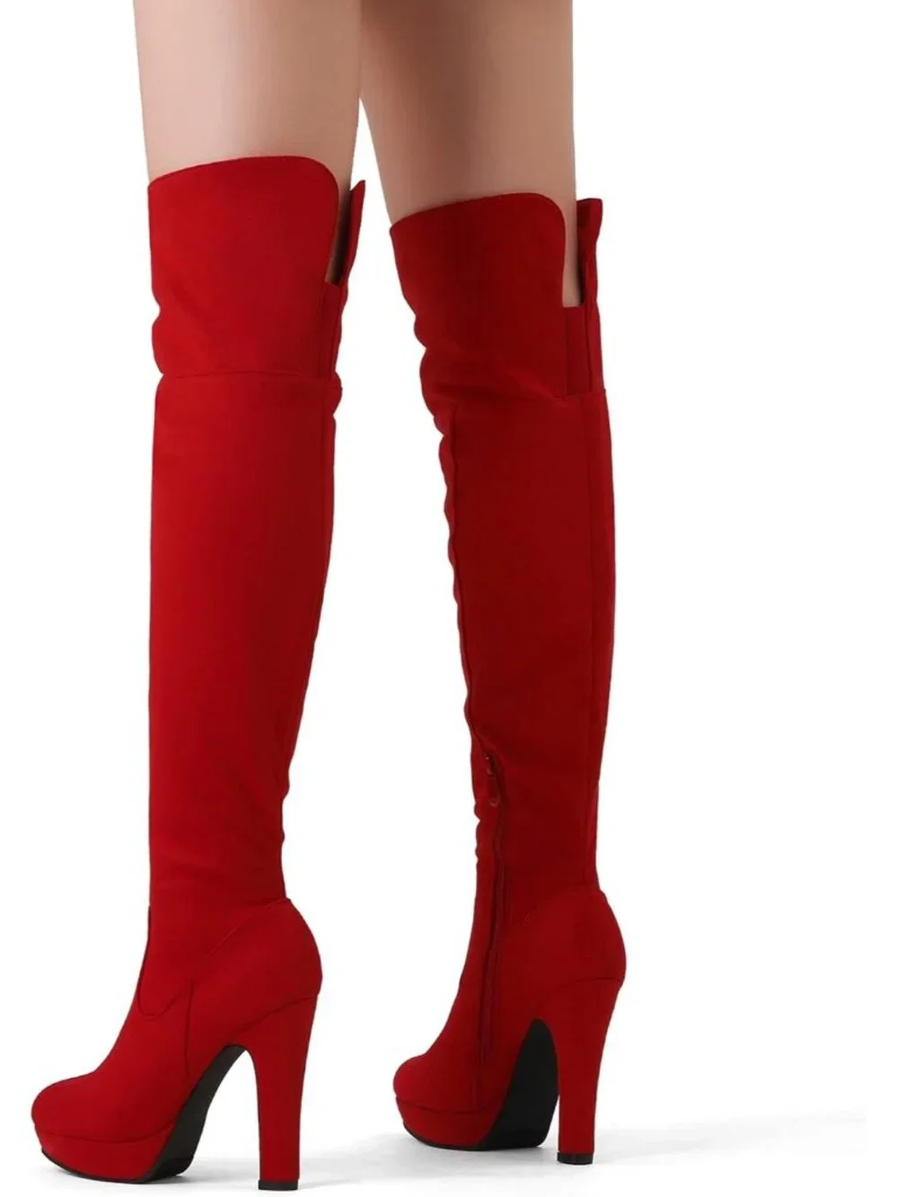 Women's Red High Heel Round Toe Faux Suede Over The Knee Thigh High Boots